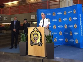 Edmonton police Chief Rod Knecht; Darrel Robertson, superintendent of Edmonton Public Schools; and Joan Carr, superintendent of Edmonton's Catholic schools, announce Thursday which junior high schools will have resources officers this school year.