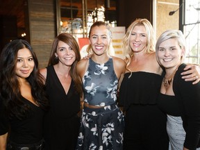 Diane Huynh, left, Jen Patterson, Sydney Malanowich, Tracey Kalbfleisch and Patrycia Rzechowka pose for a picture during the YEG Fitness September launch party at Central Social Hall in Edmonton on Wednesday, Aug. 31, 2016.