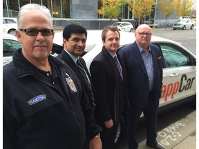 From left: Teamster Local 31 president Stan Hennessy, TappCar driver Balraj Manhas, TappCar spokesman Pascal Ryffel and Teamster Local 987 secretary treasurer David Froelich.