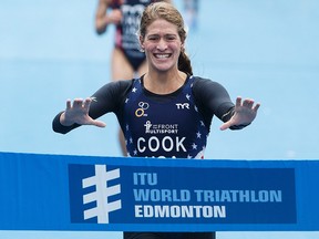 USA's Summer Cook finishes first during the Elite Women's race at the ITU World Triathlon Edmonton at Hawrelak Park in Edmonton on Sept. 4, 2016.