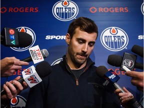Edmonton Oilers forward Jordan Eberle speaks to reporters during the Edmonton Oilers' end-of-the-year press conference in Edmonton, Alta., on Sunday, April 10, 2016.