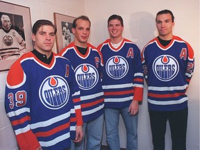 Edmonton Oilers captain Kelly Buchberger, second from left, and his alternates Doug Weight, Jason Arnott and Luke Richardson on Oct. 6, 1995.