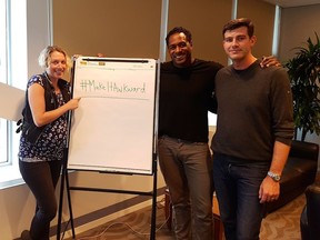 A photo posted on Twitter by Jesse Lipscombe on Friday, Sept. 2, 2016, accompanied by the statement "When you witness a social injustice or ignorance, stand up and #MakeItAwkward." From right, Mayor Don Iveson, Jesse Lipscombe, Julia Lipscombe.