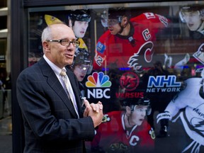Edmonton Mayor Stephen Mandel talks with media at the entrance to the NHL office before his meeting with NHL commissioner Gary Bettman in New York on October 11, 2011.