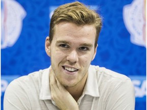 Connor McDavid speaks during the World Cup of Hockey media availability in Toronto, Thursday September 22, 2016.
