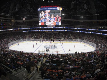 The Edmonton Oilers and the Calgary Flames during third period pre-season NHL action at Rogers Place, in Edmonton on Monday Sept. 26, 2016. The Oilers won 4-2.