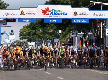 Riders head out at the starting line for the Tour of Alberta cycling race in, Lethbridge, Alta., Thursday, Sept. 1, 2016. Cyclists ride nine laps to complete the 107-kilometre circuit. The race attracts 120 cyclists from around the world.