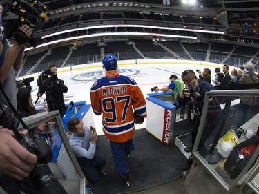 Connor McDavid is the first Edmonton Oilers to step out on to the ice at Rogers Place, in Edmonton on Thursday Sept. 1, 2016. Members of the Edmonton Oilers and players from the Edmonton Minor Hockey Association took to the ice for the first time Thursday. Photo by David Bloom