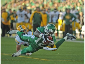 Saskatchewan Roughriders wide receiver Armanti Edwards (12) dives for a late game touchdown during CFL action against the Edmonton Eskimos in Regina on Sunday, September 18, 2016.