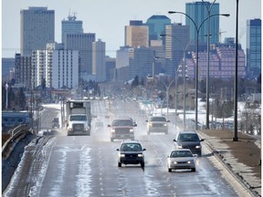 Motorists leave Edmonton on Baseline Road to Sherwood Park.