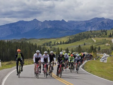 The cyclists in the Tour Of Alberta peloton ride through the Stoney First Nations Reserve near Morley, Alberta, on Sept. 2, 2016.