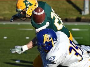 University of Alberta Golden Bears running back Alex Bradley (20) gets hit by UBC Thunderbirds A.J. Blackwell (35) causing a fumble during football action at Foote Field in Edmonton Saturday, September 24, 2016.