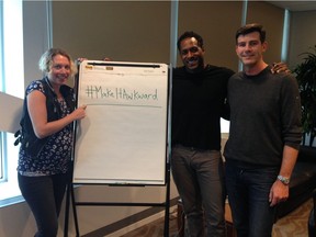 Edmonton Mayor Don Iveson launches #MakeItAwkward with Jesse Lipscombe and his wife Julia Lipscombe after their meeting Friday morning.