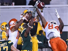 With three seconds left, the BC Lions try a Hail Mary pass in the end zone for Emmanuel Arceneaux (84) but get intercepted by the Edmonton Eskimos during CFL action at Commonwealth Stadium in Edmonton Sept. 23, 2016.