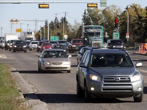Traffic makes its way west on Yellowhead Trail near 128 Street, in Edmonton, on Sept. 26, 2016.