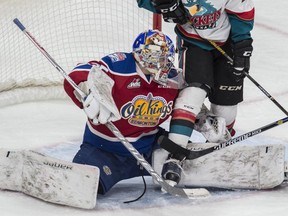 Liam Hughes of the Edmonton Oil Kings, makes a save against Kelowna Rockets at Rogers Place in Edmonton on October 7, 2016. Hughes earned his first victory of the season Sunday afternoon in a 3-2 overtime win, on the road, against the Saskatoon Blades.