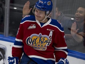 Edmonton Oil Kings centre Lane Bauer celebrates his goal against the Moose Jaw Warriors during first period WHL action on Monday, October 17, 2016 in Edmonton.