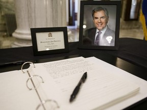 A book of condolences for the passing of former premier Jim Prentice at the Alberta Legislature Building in Edmonton, Alta., on Saturday, Oct. 15, 2016.