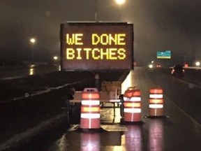 A construction worker changed an electronic traffic sign to read "we done bitches" to celebrate the completion of the northeast portion of the Anthony Henday Drive in Edmonton on Saturday, Oct. 2, 2016. The sign went viral and was plastered across social media platforms.