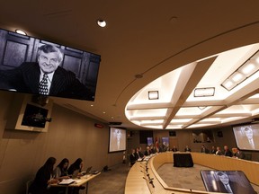 A video explaining the history of Premier Peter Lougheed's creation of the Alberta Heritage Savings Trust Fund is played during the Legislative Assembly of Alberta's annual public meeting of the Standing Committee on the Alberta Heritage Savings Trust Fund at the Federal Building in Edmonton, Alberta on Thursday, October 27, 2016.