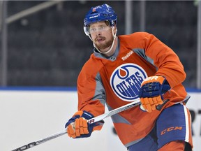 Edmonton Oilers defenceman Adam Larsson kates a drill during NHL training camp in Edmonton on Sept. 23, 2016.