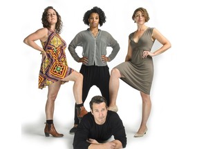 Jay Davis, Rebecca Auerbach, Jay Davis, and Rebecca Auerback, Tara Jackson, and Amanda LeBlanc in the Edmonton run of Bittergirls the Musical.