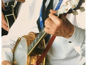 Alfie Myhre playing his ornate 1930's Ludwig "Standard Artist" banjo that was stolen from his home on Monday, Oct. 17, 2016. Myhre is hoping the unique banjo -- possibly the only one of its kind in Canada --and his favourite violin, also stolen, will be returned.