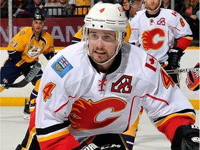 Kris Russell of the Calgary Flames skates against the host Nashville Predators during NHL NHL action on March 29, 2015.