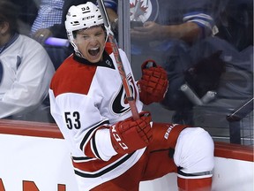 Carolina Hurricanes forward Jeff Skinner celebrates his goal against the Winnipeg Jets during NHL action in Winnipeg on Oct. 13, 2016.