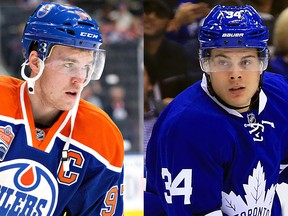 Edmonton Oilers captain Connor McDavid, left, and Toronto Maple Leafs rookie Auston Matthews will face each other for the first time in NHL play on Tuesday, Nov. 1, 2016, in Toronto. McDavid was the No. 1 overall pick in the 2015 NHL Entry Draft, Matthews the first pick in 2016.