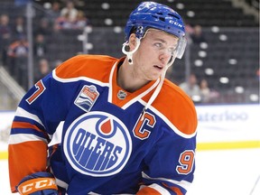 Edmonton Oilers captain Connor McDavid skates during warm-up before his team's pre-season game against the Winnipeg Jets on Oct. 6, 2016.