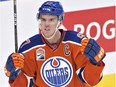 Edmonton Oilers' Connor McDavid celebrates a goal against the Calgary Flames during second period NHL action in Edmonton, Alta., on Wednesday October 12, 2016.