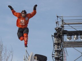 Samuel Nadeau of Canada appears to be flying off the track as he comes out of the kicker on Day Two of the 2015 Red Bull Crashed Ice World Championships at the Shaw Conference Centre in Edmonton.