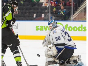 Edmonton Oil Kings Adam Berg looks on as Victoria Royals goalie Griffen Outhouse blocks a shot during first period WHL action at Rogers Place, in Edmonton October 14, 2016.