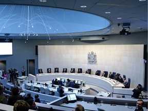 A 2010 file photo shows council chambers on the day Edmonton's mayor and new council took their oath of office.