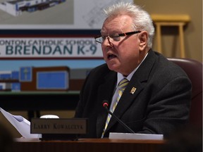 Trustee Larry Kowalczyk speaks during a 2015 meeting of the Edmonton Catholic school board. Trustees unanimously supported his motion at its Oct. 18, 2016, meeting to call on cable companies to stop offering pornography.