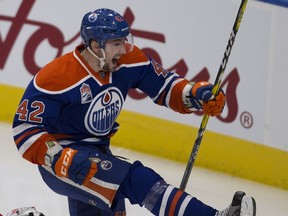 Edmonton Oilers forward Anton Slepyshev celebrates his first NHL goal against the Carolina Hurricanes  on Oct. 18, 2016, in Edmonton.