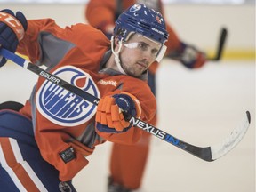 Edmonton Oilers defencemen Kris Russell at practice held at the community rink at Rogers Place in Edmonton.