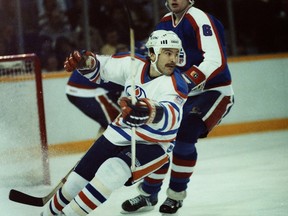 Edmonton Oilers winger Glenn Anderson in action against the Winnipeg Jets at Northlands Coliseum in 1984.