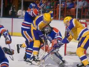 The Edmonton Oilers and the Los Angeles Kings during NHL action in December 1987 at the Forum in Inglewood, Calif.