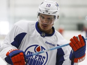 Edmonton's Nail Yakupov (10) is seen during an Edmonton Oilers practice at Leduc Recreation Centre in Leduc, Alta., on Friday April 8, 2016. Photo by Ian Kucerak