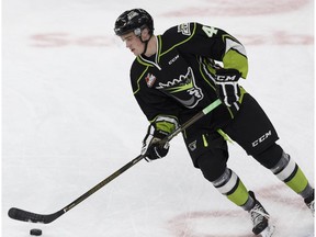 Edmonton's Will Warm participates in warmup before a WHL game between the Edmonton Oil Kings and the Medicine Hat Tigers at Rogers Place  in Edmonton, Alberta on Saturday, October 29, 2016.