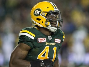 The Edmonton Eskimos' Odell Willis (41) during second half CFL action against the Saskatchewan Roughriders at Commonwealth Stadium, in Edmonton on Friday Aug. 26, 2016. Photo by David Bloom Photos for stories, columns off Eskimos game appearing in Saturday, Aug. 27 edition.