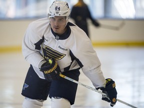 Former Edmonton Oiler and first round draft pick, Nail Yakupov practiced at Rogers Place with his new team the St. Louis Blues. Photo by Shaughn Butts / Postmedia Jim Matheson Story