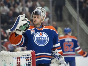 Goalie Cam Talbot (33) of the Edmonton Oilers during a matchup on Sunday, Oct. 16, 2016 against the Buffalo Sabres at Rogers Place in Edmonton.
