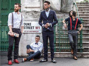 From left, model with a Ripley cut; seated model with the Huntsman cut; model in suit with a classic Street Squadron cut, (more texture and length on top), and model in suspenders wearing a longer version of Street Squadron.