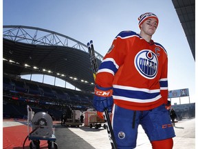 Edmonton Oilers captain Connor McDavid leaves the ice after practice at Investors Group Field in preparation for the NHL Heritage Classic in Winnipeg on Saturday, October 22, 2016.