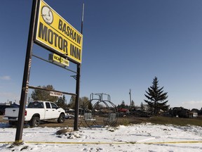 Detroyed vehicles and buildings are seen at the scene of a fatal fire at the Bashaw Motor Inn in Bashaw, Alberta on Tuesday, October 11, 2016. The fire broke out on Oct. 9. Ian Kucerak / Postmedia