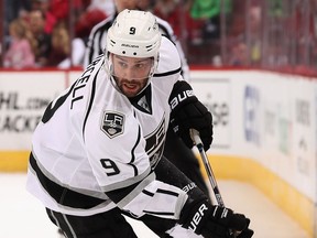 Teddy Purcell #9 of the Los Angeles Kings skates with the puck during the second period of the preseason NHL game against the Arizona Coyotes at Gila River Arena on September 26, 2016 in Glendale, Arizona.