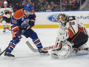 Mark Letestu goes one-on-one with Anaheim's John Gibson.